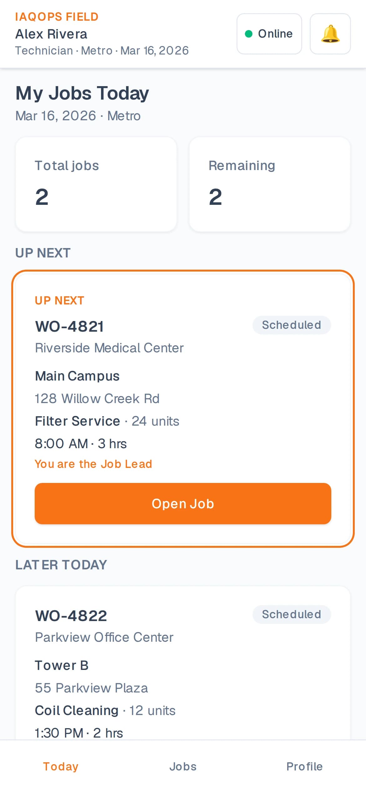 IAQOps Field mobile app showing a technician's scheduled service jobs.