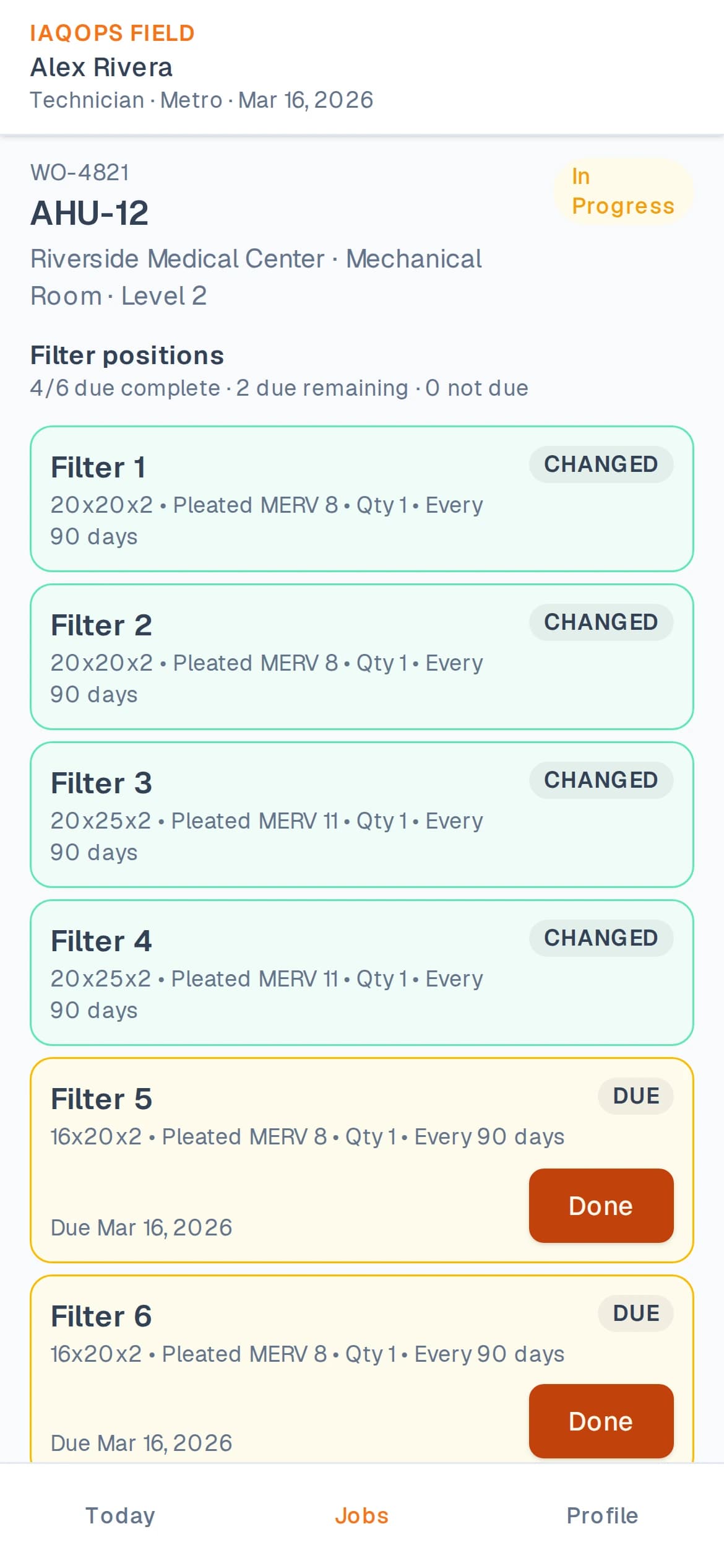 IAQOps Field showing completed and remaining filter positions on a unit.